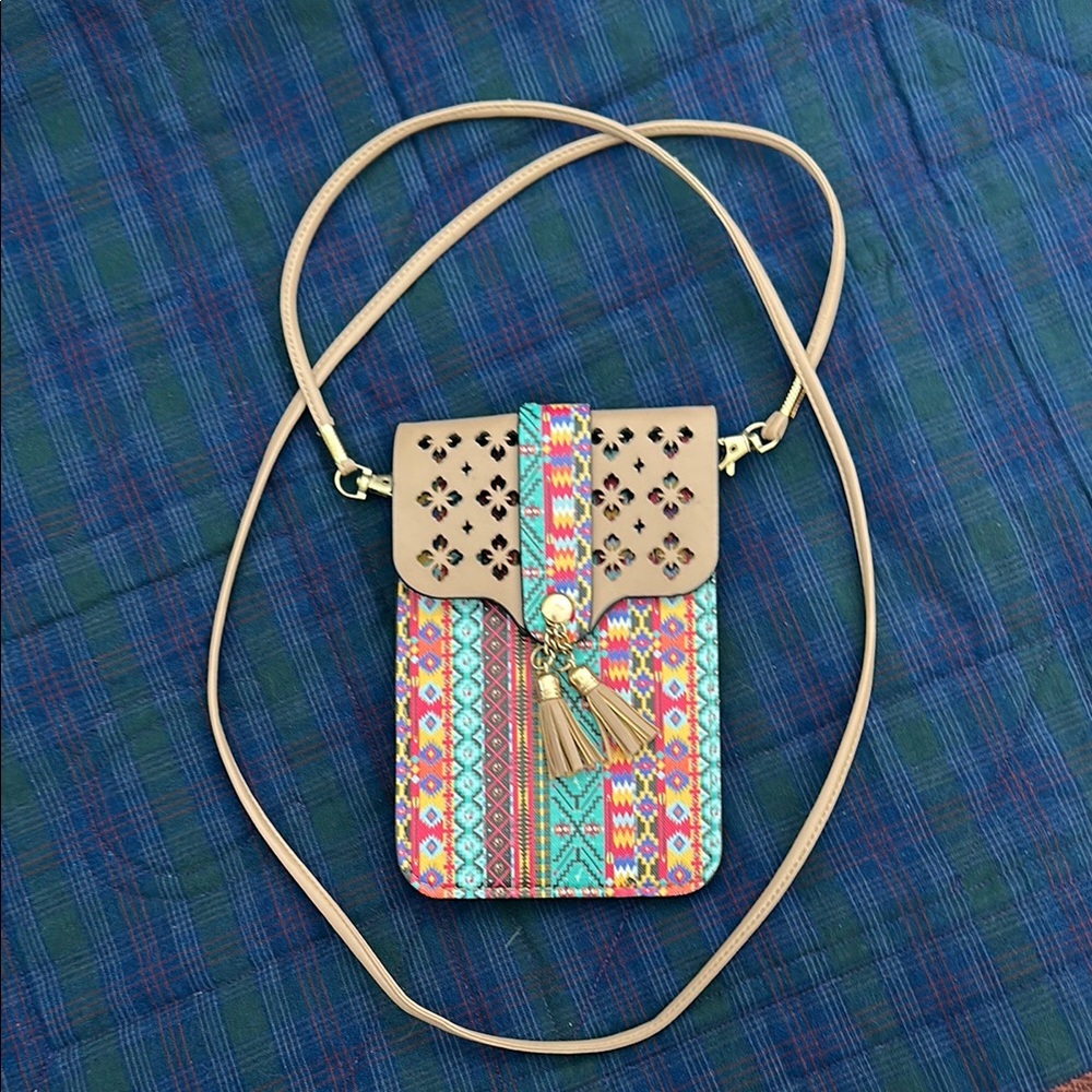 Tan Mini Crossbody Bag with Intricate Pattern